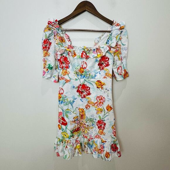 RIXO Camile Mini Dress Women’s Size 4 Printed Cotton Linen Ruffle Voile - Picture 4 of 16